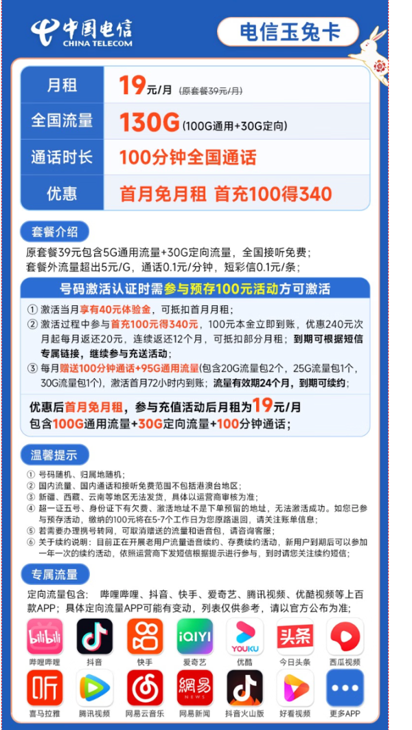 CHINA TELECOM 中国电信 长期玉兔卡19元月租(130G全国流量+100分钟通话)激活送40元 长期套餐