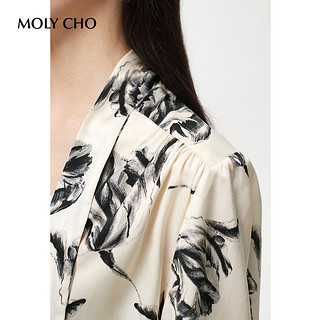 MOLYCHO法式飘带印花衬衫上衣女春秋 设计感小众系带灯笼袖衬衣