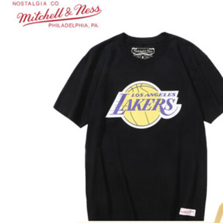 mitchell & ness 男子复古棉圆领T恤 湖人队短袖