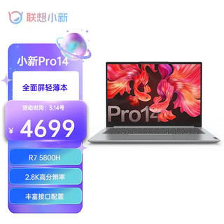 Lenovo 联想 小新 Pro 14 2021款 五代锐龙版 14.0英寸 轻薄本 银色 (锐龙R7-5800H、核芯显卡、16GB、512GB SSD、2.8K、90Hz、IPS）