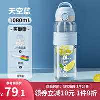 NONOO运动水杯女大容量男健身水壶户外便携儿童耐高温tritan吸管杯子 天空蓝1080ML