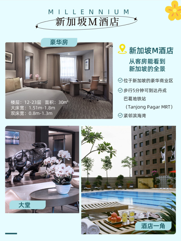 全程不加价!地段好出游方便!千禧国际酒店集团旗下新加坡2店 豪华房2晚含双早套餐
