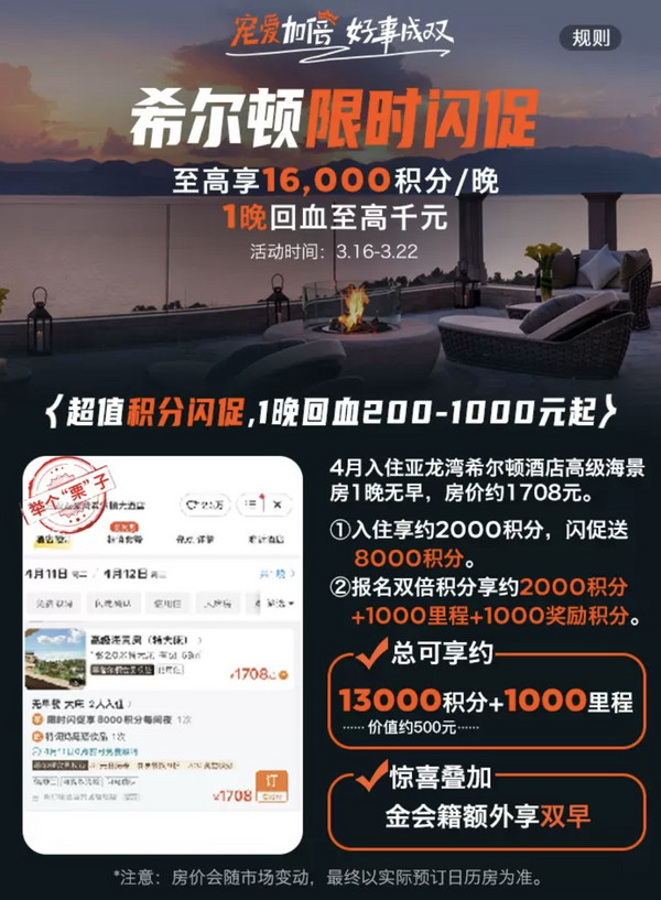 酒店常旅客：含SNP叠加双倍积分！飞猪希尔顿日历房闪促 最高加赠16000分