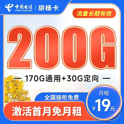 CHINA TELECOM 中国电信 长期胡杨卡 19元月租200G全国流量 激活赠30 长期套餐