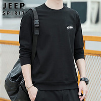 吉普（JEEP）卫衣男2023春秋季圆领宽松男士长袖t恤打底衫男装 黑色 4XL