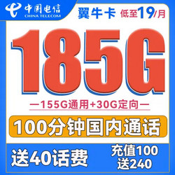 CHINA TELECOM 中国电信 翼牛卡 19元月租（185G全国流量+100分钟通话）送40话费