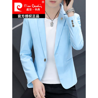 皮尔卡丹高档品牌男装2022秋季新款纯白色西服男士休闲潮流小西装男修身韩版发型师单西长袖针织 129-黑色 170/L