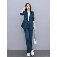 罗蒙(ROMON)轻奢高端2022新款西服阔腿裤职业两件套春秋炸街小西装套装外套女韩版宽松 深蓝色双排扣套装 L