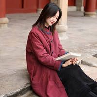 乱在江南棉麻加厚夹棉民族风棉服女中长款冬季新品古典宽松花苞型外套 酒红色 均码