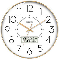 康巴丝（Compas） 挂钟电波钟客厅万年历创意钟表表挂墙日历温度显示智能自动对时电波钟D6219 电波钟金色 35CM