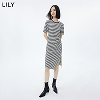 LILY 2023夏新款时髦开叉修身显瘦条纹短袖连衣裙