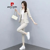 皮尔卡丹女装高端西装职业装气质女神范套装女夏季薄款休闲工作服两件套正装潮 米色 M