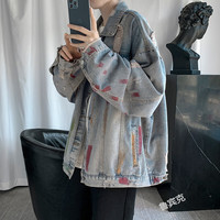 鲁宾克 破洞牛仔外套男宽松2021春季新款韩版原宿bf风褂子港风ins青年学生潮牌涂鸦牛仔夹克外穿 蓝色 L