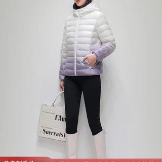 YAYA 鸭鸭羽绒服 鸭鸭轻薄羽绒服女短款2021年新款冬季渐变色时尚洋气外套HP 紫色渐变 XL