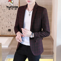 TUCANO啄木鸟 西服男士小西装韩版修身上衣帅气休闲格子单西服套装潮流春秋正装外套 622酒红 L