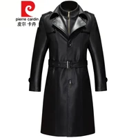 皮尔卡丹2021秋冬海宁真皮皮衣绵羊皮皮风衣中年男士中长款翻领皮大衣外套针织 黑色(加绒款) XL