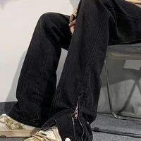 巴迈罗美式vibe裤子ins高街潮牌拉链黑色工装牛仔裤男修身直筒微喇叭裤 388黑色 XL码115-130斤