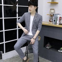 花花公子夏季休闲中袖西服套装男修身帅气七分袖格子小西装短袖潮流两件套 深灰色 XL