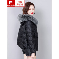 皮尔卡丹真皮羽绒服女短款韩版海宁新款狐狸毛领绵羊皮小个子宽松皮衣外套时尚女装针织 黑色 XL