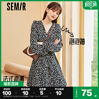 Semir 森马 连衣裙女法式黑色春季小个子复古垂感裙子长袖森系波点碎花裙