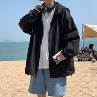潮至 胖子大码 5XL 夏季薄款纯色连帽夹克男外套加肥加大码宽松运动透气上衣潮胖子 黑色 5XL 225-250斤