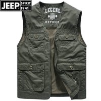 JEEP(吉普)春秋季马甲男士中年背心外穿薄款马夹男多口袋钓鱼无袖外套坎肩上衣大码 军绿色 XL