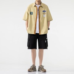 oyy 新款衬衫短裤男短袖夏季薄款潮宽松半袖港风 淡黄上衣黑色裤子