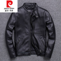 皮尔卡丹新款真皮皮衣头层牛皮立领皮夹克男休闲简约短款修身机车服皮外套针织 黑色 头层纯牛皮品质 3XL