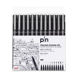 uni 三菱铅笔 水性绘图针管笔 PIN-200美术漫画设计描边描线笔勾线笔 黑色 12支套装