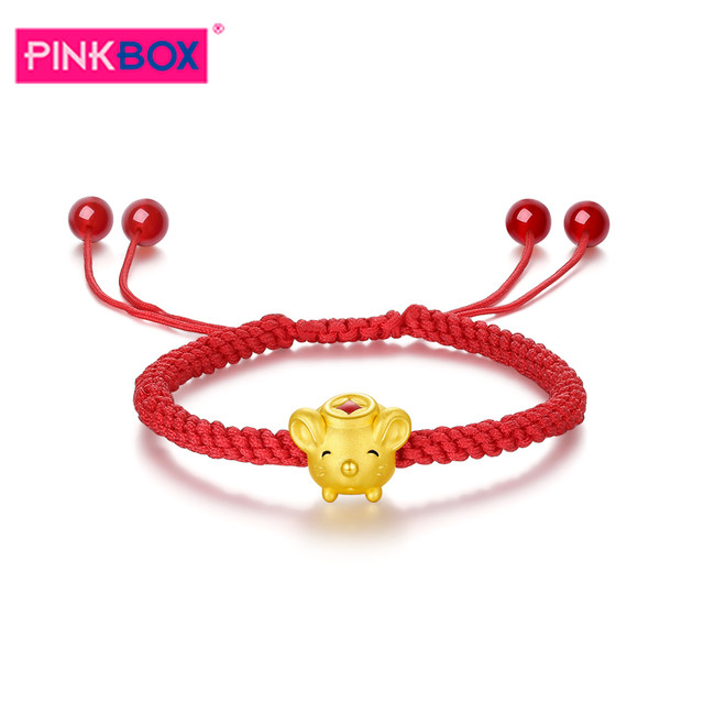PINKBOX 娉饰珠宝黄金手链女3d硬金珐琅可爱生肖鼠本命年转运珠