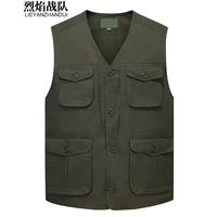 烈焰战队 马甲 新品男士中年2022秋季户外多口袋钓鱼马甲 摄影导演工装马夹 纯色全棉中老年休闲坎肩 10款军绿色马甲 L