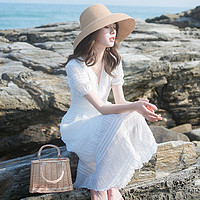TiTi 夏季新款泡泡袖小白裙女超仙甜美海边度假V领连衣裙