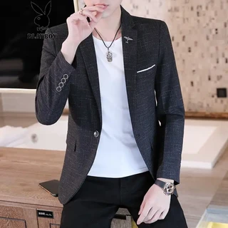 花花公子 西服男男士小西装男春季外套格子韩版修身帅气休闲单西服套装潮流春秋百搭 浅蓝色 3XL