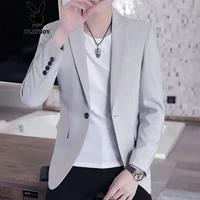 花花公子 西服男男士小西装男春季外套格子韩版修身帅气休闲单西服套装潮流春秋百搭 浅灰色 2XL