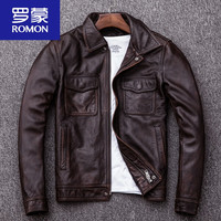 罗蒙(ROMON)阿美咔叽 头层牛皮 复古石磨做旧真皮皮衣男士短款修身加棉皮夹克 红棕色做旧 M
