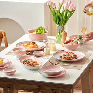 单人餐具套装粉色的碗一人食奶油风可爱少女心2人情侣韩式碗碟盘 1~2人食家庭版