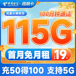 CHINA TELECOM 中国电信 梧桐卡 19元月租（115G全国流量+100分钟通话）送30话费 流量长期有效