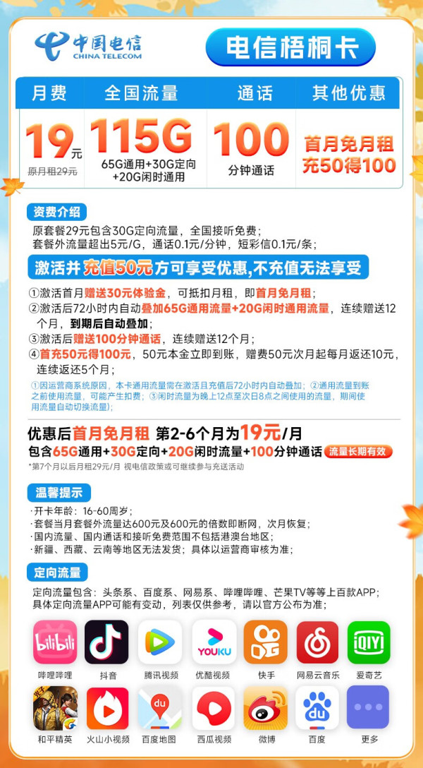 CHINA TELECOM 中国电信 梧桐卡 19元月租（115G全国流量+100分钟通话）送30话费 接听免费