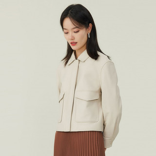 商场同款皮衣新品春季新款真皮短款时尚外套皮夹克女 S 乳白色