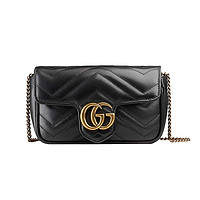 GUCCI 古驰 双G马蒙 金标logo做旧绗缝皮革链条黑色女士斜挎包