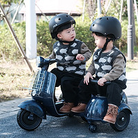 BRJ 贝儿佳 儿童电动摩托车可爱男女小孩宝宝三轮车可充电玩具车可坐双人 深海蓝 双电双驱+皮座+遥控+侧挂