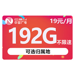 BROADCASTING 广电 天际卡 19元月租（192G流量 +首月免月租 +可选归属地+值友红包20元）