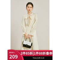 ZIQIAO 自巧 小个子长袖醋酸法式连衣裙女2023春装新款温柔风系带中长裙子
