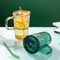 青苹果吸管杯玻璃杯冷饮可乐杯饮料杯花茶杯果汁杯牛奶情侣水杯咖啡杯 鸳鸯双色套装吸管杯400ML