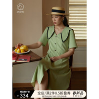 独束大码女装法式复古蝴蝶领连衣裙女夏季微胖mm撞色收腰显瘦裙 樱草绿 XL