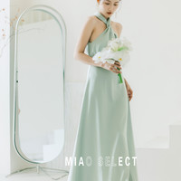 MiaoSelect＜岱海＞气质挂脖优雅缎面长裙新娘伴娘婚礼晚宴百搭款