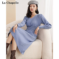 La Chapelle 冬季蓝色战衣战袍针织百褶连衣裙女2021年v领年会毛衣裙