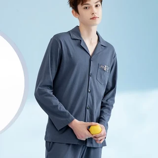 FENTENG 芬腾 睡衣男纯棉2023年春季新款简约翻领长袖家居服套装 深灰兰 L