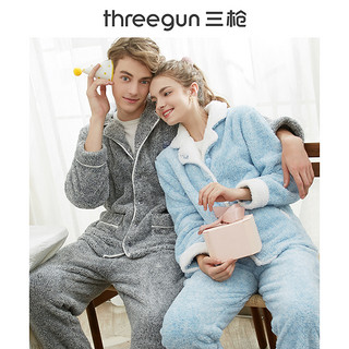 THREEGUN 三枪 珊瑚绒睡衣男女秋季开襟翻领起居加厚法兰绒家居服套装（L、粉花灰（女））