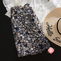 2023春装新款女士时尚显瘦遮胯包臀绣花裙 S 藏青底花色